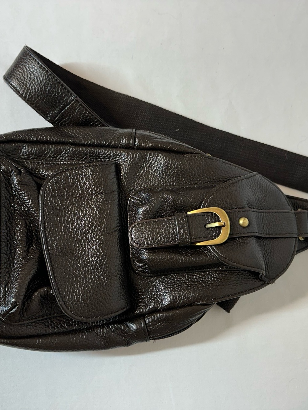 Black Leather Messenger Sling Bag with Gold Buckle